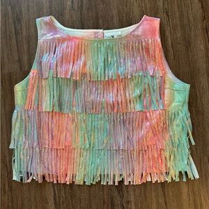 NEW Queen of Sparkles Rainbow Leather Fringe Rhinestone Top. Size L